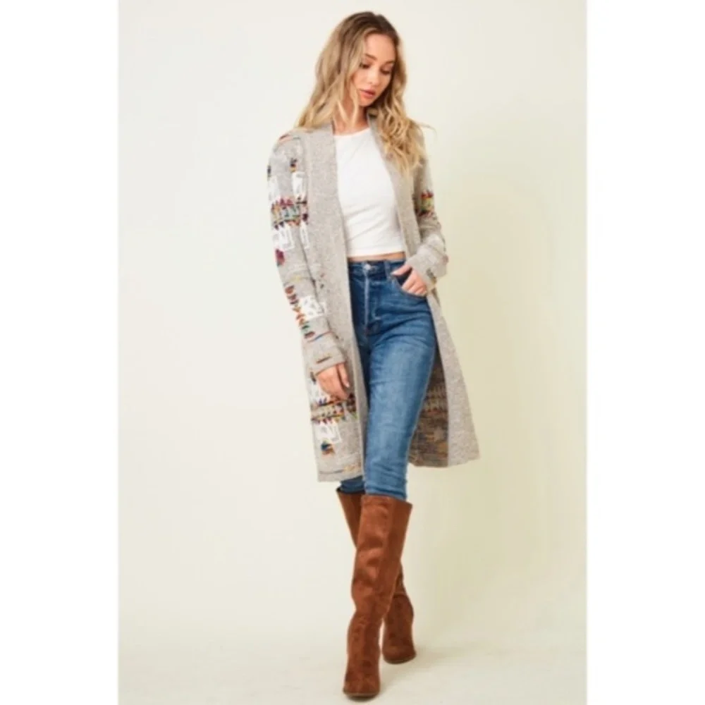SOLD OUT Oatmeal Rainbow Multi Colored Aztec Tribal Jacquard Open Knit Cardigan - Picture 2 of 10